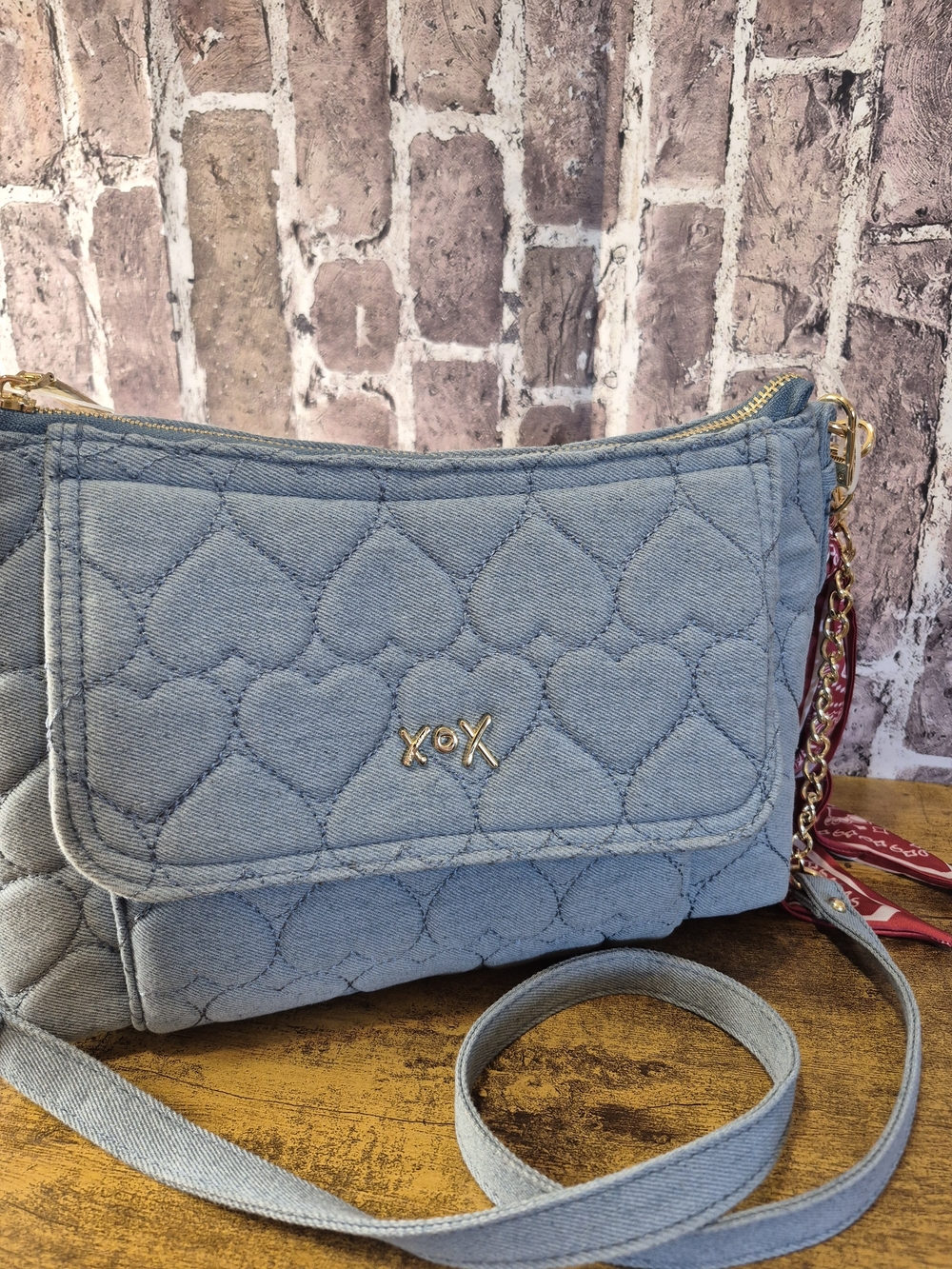 Betsey Johnson Denim Quilted Heart Crossbody Bag XOX With Bandana - Picture 12 of 16